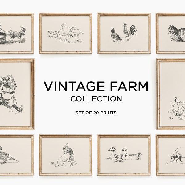 Vintage farm prints - set of 20 | Farmhouse wall art | Country wall art | Farmhouse print | Duck Vintage Print | Cat Wall Art | Horse Print