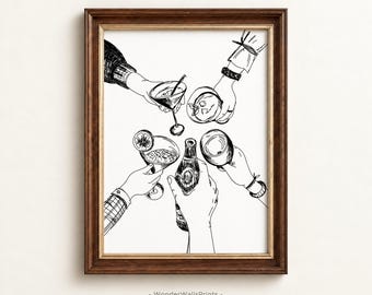 Puede incluir: Una impresión de arte lineal en blanco y negro enmarcada que muestra cuatro manos sosteniendo varias bebidas, incluyendo una copa de martini con una rodaja de limón, una botella de cerveza y otros dos vasos, todos levantados en un brindis. El texto WonderWallsPrints está abajo.
