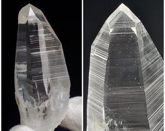 May include: Two images of a clear quartz crystal point. The crystal is transparent with visible internal striations and a sharp, faceted tip. The crystal is held against a black background, highlighting its clarity and form. The crystal is a natural, geological specimen.