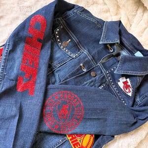 Kansas City Chiefs, Kansas City Chiefs apparel, Chiefs, bedazzled, Womens Bedazzled Denim Jacket