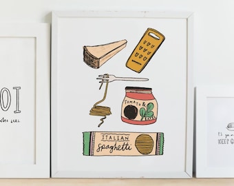 Impression d'art spaghetti : illustration de pâtes tomate basilic