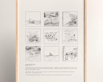 Ilustración del guión gráfico de Jesús calma la tormenta / versículo bíblico Mateo 8 / arte mural / arte cristiano / historia bíblica