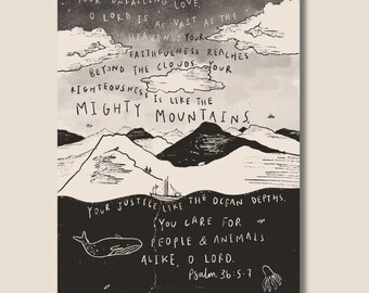 Salmo 36 Amor inagotable alturas del cielo, profundidades del océano, montañas poderosas / descarga digital / arte de versículo bíblico cristiano