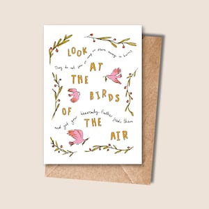 Mira las aves del aire / No te preocupes / Tarjeta de ánimo en blanco ilustrada a mano