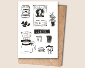 Coffee V60 Siphon illustration carte vierge anniversaire encouragement dessiné à la main peint