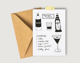 Tarjeta Espresso Martini Ingredients / blanco y negro / minimalista / amante del café y los cócteles