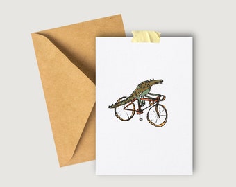 Cocodrilo montando en bicicleta / Tarjeta para él, para el marido / ciclismo / bicicleta