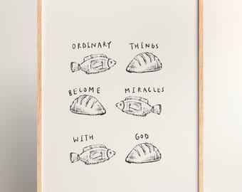 Impression de pains et de poissons : art biblique chrétien minimaliste (téléchargement numérique