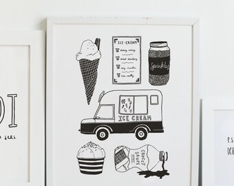 Impresión de camión de helados: helado, chispas y salsa de chocolate