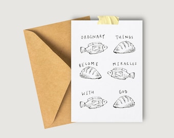 Carte miracle des pains et des poissons nourrissant les cinq mille cartes d'encouragement vierges dessinées à la main