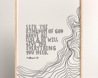 Cherchez le royaume de Dieu – Matthieu 6:33 | Téléchargement numérique | Art mural minimaliste de versets bibliques avec lignes noires ondulées