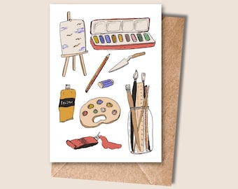 Tarjeta de artista pintor / Tarjeta de aliento de cumpleaños en blanco ilustrada a mano