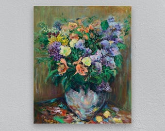Colorful Summer Flower Bouquet, Original Oil Painting on Canvas, Framed