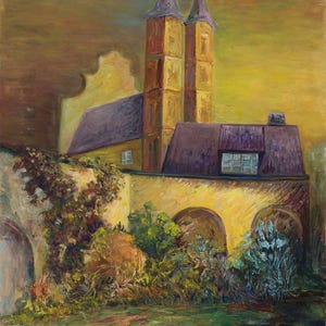 Old Town Courtyard, European City Scene, Original Wall Art, Rustic Urban Landscape, Oil on Canvas