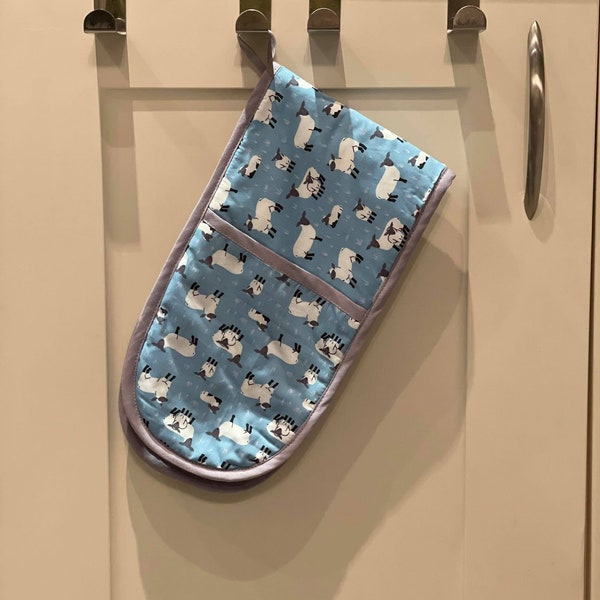 DOUBLE OVEN GLOVE Kitchen Blue Sheep Lamb  Oven Mitt Pot Holder Grey