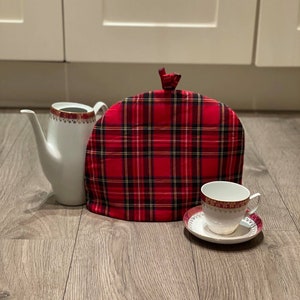TEA COSY  Teapot Cover for a Retro Cottage  Kitchen Red Royal Stewart Tartan Cotton