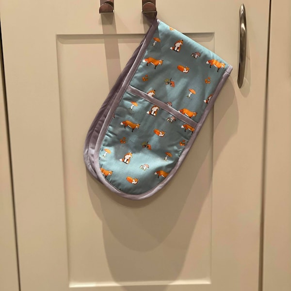 DOUBLE OVEN GLOVE Kitchen Oven Mitt Pot Holder Grey Blue Duck Egg Fox