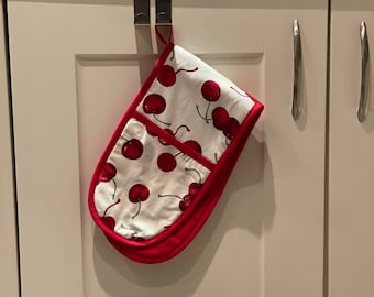 DOUBLE OVEN GLOVE Kitchen Oven Mitt Pot Holder Red Cherry