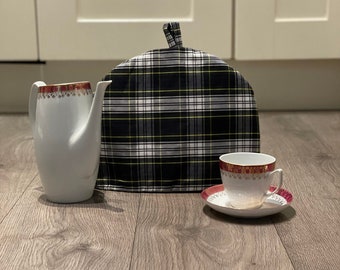 TEA COSY  Teapot Cover for a Retro Cottage  Kitchen Black Grey  Campbell Tartan Cotton