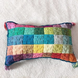 May include: A rectangular, handmade crochet pillow with a patchwork design. The pillow features a variety of colors, including pink, green, blue, yellow, and red. The edges are trimmed with a dark blue border and tassels.