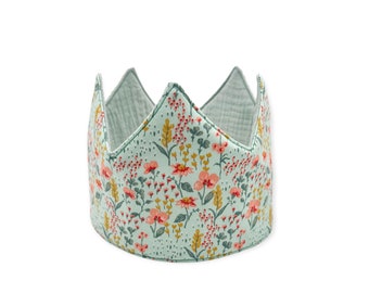 Birthday crown, fabric crown muslin, cotton crown, costume for children's party, children's crown - flowers/mint green/mustard yellow