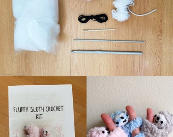 Fluffy sloth crochet kit. easy stim toy crochet kit. Make your own finger hugging sloth! Beginner friendly amigurumi kit. (US terminology)