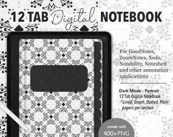 12 Tab - Sections Digital Notebook - Dark Mode Portrait version for GoodNotes, ZoomNotes, Notability, Xodo (school, students, academic)