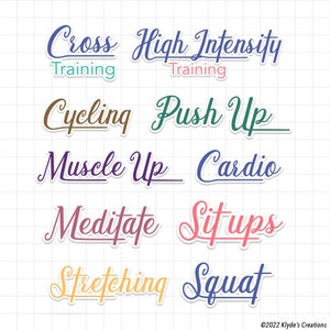 Peut inclure: Un ensemble de dix &eacute;tiquettes manuscrites color&eacute;es pour diff&eacute;rents types d'exercices, notamment l'entra&icirc;nement crois&eacute;, l'entra&icirc;nement &agrave; haute intensit&eacute;, le cyclisme, les pompes, les tractions, le cardio, la m&eacute;ditation, les abdominaux, les &eacute;tirements et les squats.