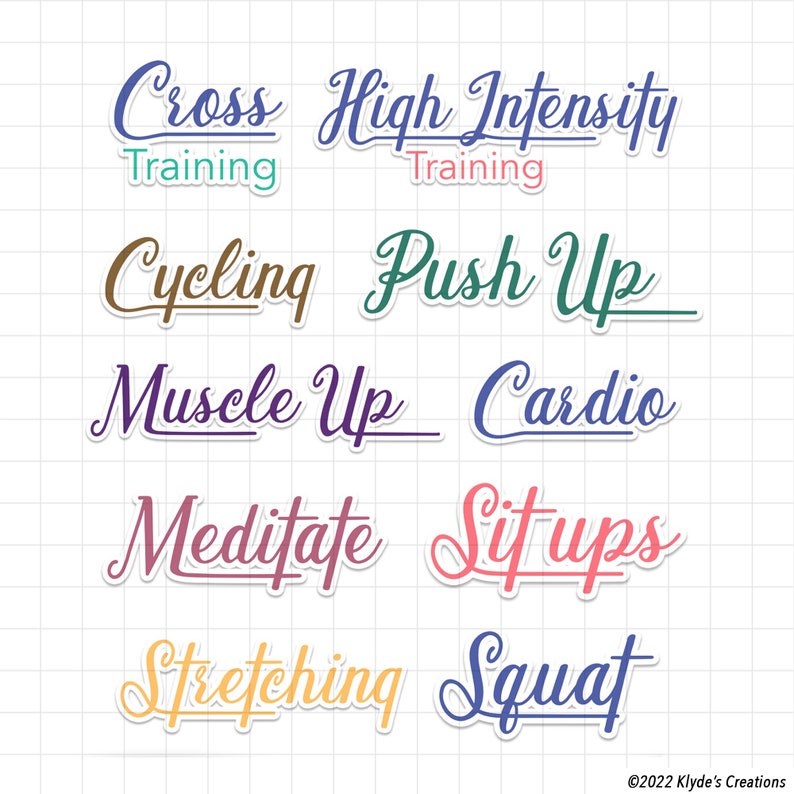 Peut inclure: Un ensemble de dix &eacute;tiquettes manuscrites color&eacute;es pour diff&eacute;rents types d'exercices, notamment l'entra&icirc;nement crois&eacute;, l'entra&icirc;nement &agrave; haute intensit&eacute;, le cyclisme, les pompes, les tractions, le cardio, la m&eacute;ditation, les abdominaux, les &eacute;tirements et les squats.