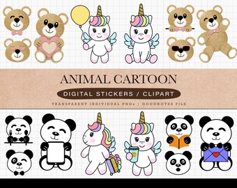 Unicorn Digital Stickers Pre-cropped for GoodNotes, Rainbow digital stickers, Bear Panda Digital Stickers PNGs, Animals Digital Stickers
