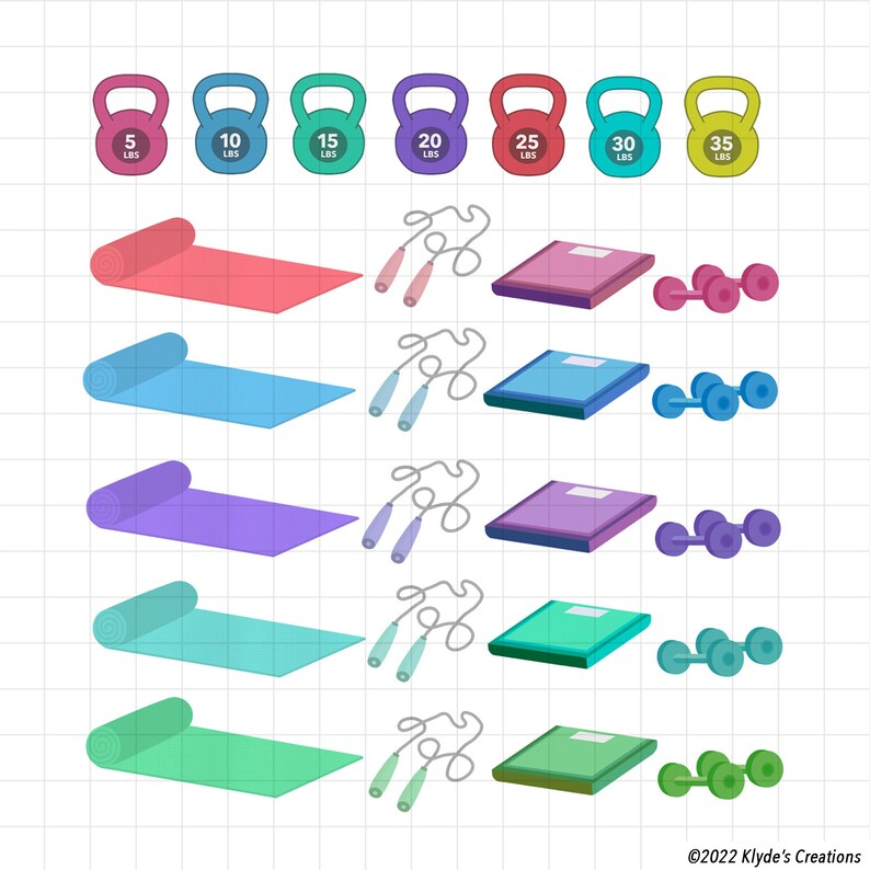 Peut inclure: Une illustration d'un ensemble d'&eacute;quipements de fitness, comprenant des cordes &agrave; sauter, des tapis d'exercice et des poids. Les poids sont cod&eacute;s par couleur et vont de 5 &agrave; 35 livres. Les tapis sont de diff&eacute;rentes couleurs, notamment rouge, bleu, violet, turquoise et vert. Les cordes &agrave; sauter sont grises avec des poign&eacute;es bleues.