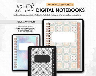 12 Tab Digital Notebook GoodNotes Notebook, Student Notebook, iPad Notebook, GoodNotes Template, Notebook Journal | Lined, Grid, Dotted