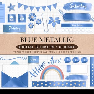 Blue Metallic Digital Planner Stickers for GoodNotes iPad Journal Sticker Pack Digital Glitter Clipart for Planner Decoration Stickers