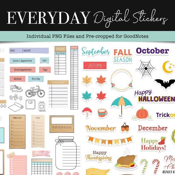 Everyday Digital Planner Stickers, Daily Functional Planner Stickers GoodNotes, Seasonal Digital stickers, Yearly holiday Goodnotes Stickers