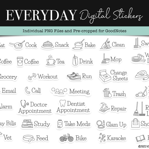 Daily Activities Digital Stickers - Line Art - Monochrome - House Chores, Self-care - Pre-cropped for GoodNotes & Individual Transparent PNG