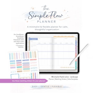 Puede incluir: El planificador digital The SimpleFlow Planner mostrado en una tableta con un lápiz óptico. La pantalla muestra un diseño de calendario de enero con pestañas en tonos pastel. Se incluye una hoja de pegatinas pastel a juego.