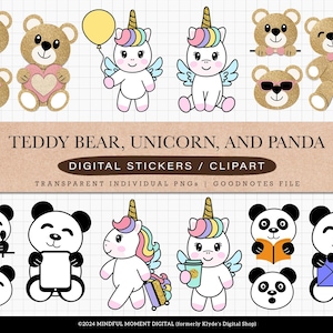 Unicorn Digital Stickers Pre-cropped for GoodNotes, Rainbow digital stickers, Bear Panda Digital Stickers PNGs, Animals Digital Stickers