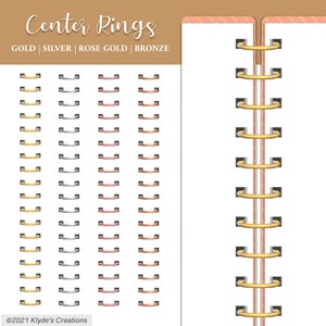 May include: A chart showing different colors of metal rings for a binder. The colors are gold, silver, rose gold, and bronze. The rings are shown in rows of 14, with each row representing a different size. The text "Center Rings" is at the top of the chart, and the text "GOLD | SILVER | ROSE GOLD | BRONZE" is below it. The text "&copy;2021 Klyde's Creations" is at the bottom of the chart.