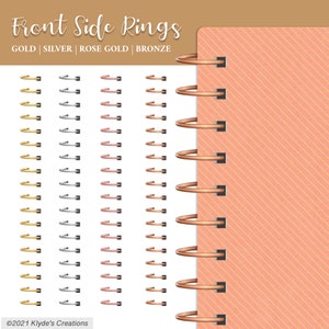 May include: Four rows of different colored metal rings, including gold, silver, rose gold, and bronze. The rings are arranged in columns, with each column representing a different color. The rings are all the same size and shape, and they are all attached to a notebook.