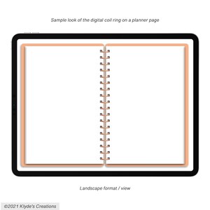 May include: A digital planner page with a coil binding, shown in landscape format. The page is white and the binding is a copper color.
