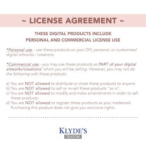 May include: A license agreement for digital products, outlining personal and commercial use restrictions. The text states that these products can be used for personal DIY projects, but not for resale or modification. The agreement also states that the products cannot be registered as a trademark. The text is in a white font on a pink background.
