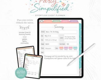 Planificador digital de eventos y fiestas. Organizador de eventos estilo bohemio para GoodNotes. Plantilla de planificación de fiestas para iPad. Planificador digital de eventos para cumpleaños.
