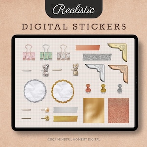 Mood Board Pegatinas digitales realistas, pegatinas digitales de oro rosa, pegatinas de escritorio digitales, pegatinas boho digitales, pegatinas digitales estéticas