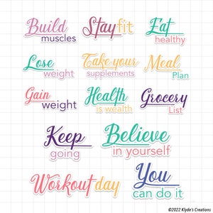 Peut inclure: Un ensemble de 12 autocollants color&eacute;s avec des phrases de motivation li&eacute;es &agrave; la sant&eacute; et &agrave; la forme physique. Les autocollants pr&eacute;sentent des phrases comme "Construire des muscles", "Rester en forme", "Manger sainement", "Perdre du poids", "Prendre vos suppl&eacute;ments", "Plan de repas", "Prendre du poids", "La sant&eacute; est une richesse", "Liste d'&eacute;picerie", "Continuer", "Croyez en vous", "Jour de s&eacute;ance d'entra&icirc;nement", et "Vous pouvez le faire".