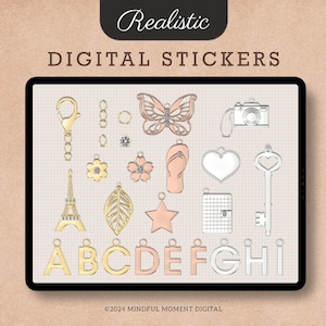 Rose Gold Silver Digital Charms Precropped GoodNotes Transparent PNG Files Scrapbooking Clip Art Digital Planner Stickers Diamond Stickers