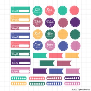Peut inclure: Un ensemble d'autocollants imprimables pour un planificateur ou un journal. Les autocollants sont de diff&eacute;rentes couleurs et pr&eacute;sentent des phrases motivantes comme "Se sentir bien", "S'amuser", "Se r&eacute;veiller", "S'&eacute;chauffer", "Jour de repos", "Rester fort", "Se calmer" et "Cours de yoga".