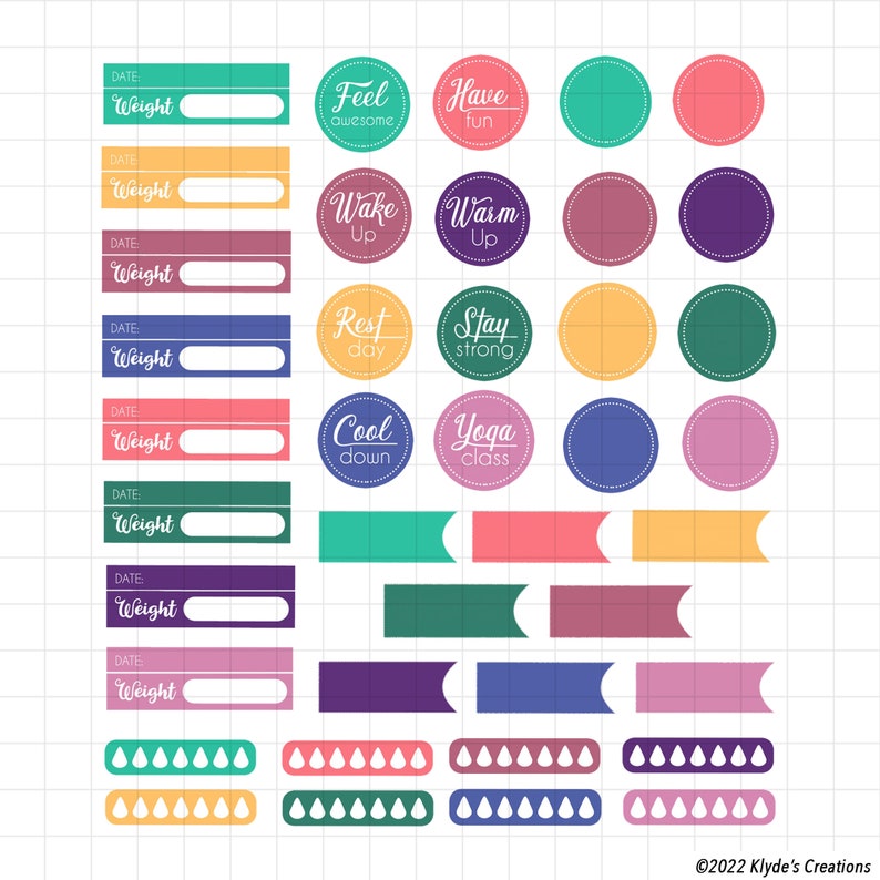 Peut inclure: Un ensemble d'autocollants imprimables pour un planificateur ou un journal. Les autocollants sont de diff&eacute;rentes couleurs et pr&eacute;sentent des phrases motivantes comme "Se sentir bien", "S'amuser", "Se r&eacute;veiller", "S'&eacute;chauffer", "Jour de repos", "Rester fort", "Se calmer" et "Cours de yoga".