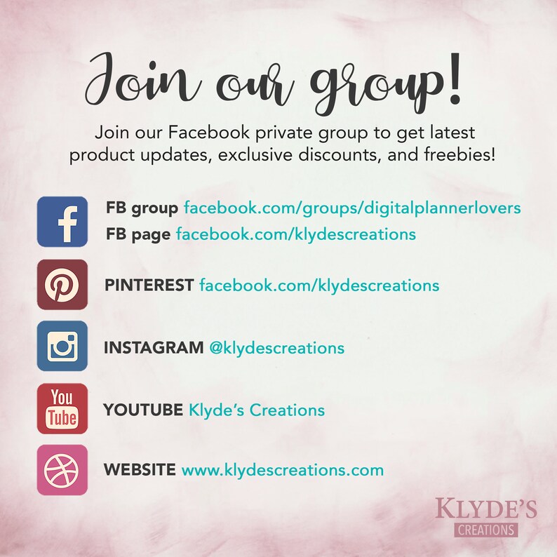 May include: Join our group! A graphic with social media icons and links to connect with Klyde's Creations on Facebook, Pinterest, Instagram, YouTube, and their website.