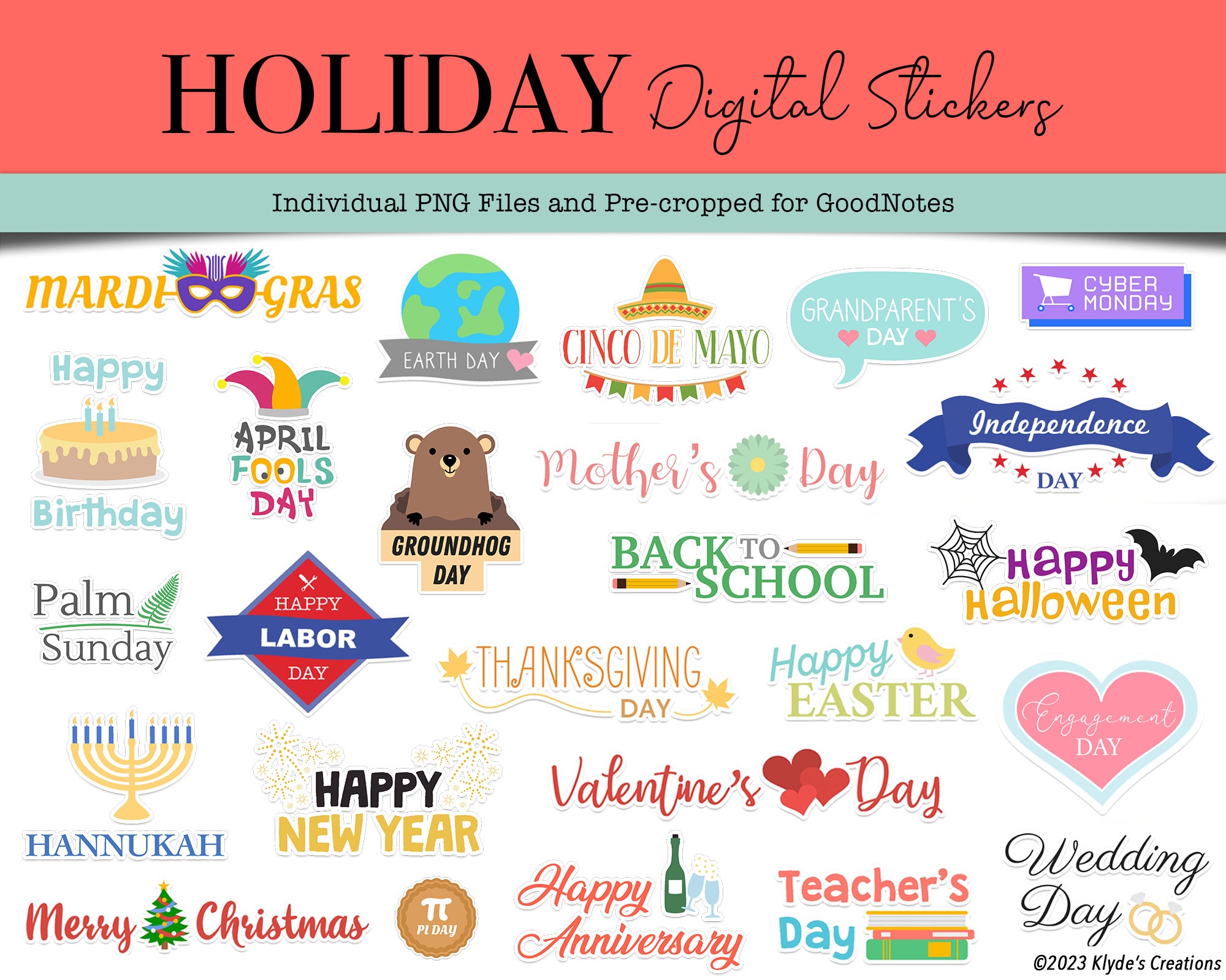 HOLIDAYS Digital Planner Stickers, National Holidays, Religious Holidays,  Pre-cropped Digital Stickers for Goodnotes, Bonus Stickers 