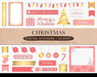 Christmas / Holidays Digital Stickers for GoodNotes, Noteshelf, ZoomNotes, Notability - Pre-cropped and Individual PNG Stickers - Peach Gold